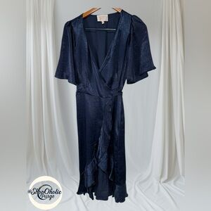 Audrey Parks Wrap Dress Size L Navy Satin